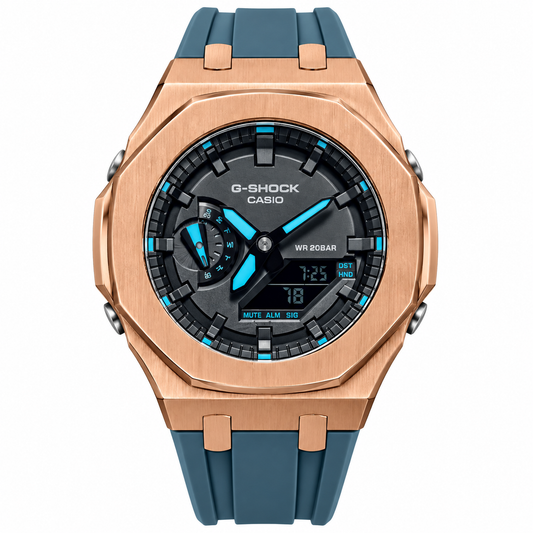 Casionaut Custom Watch – Black Blue Alligator Leather - Vintage G-Shock GA2100 Mod