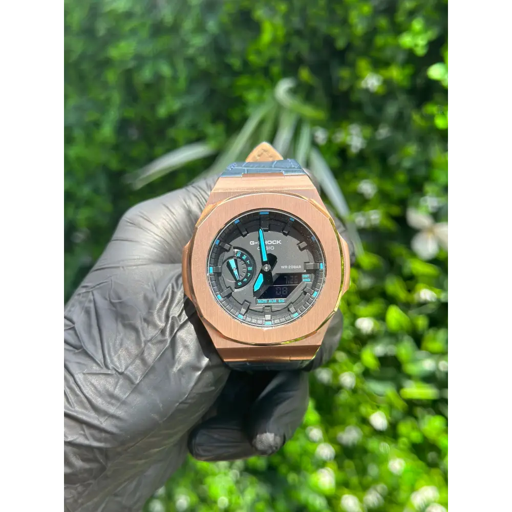 Casionaut Custom Watch – Black Blue Alligator Leather - Vintage G-Shock GA2100 Mod