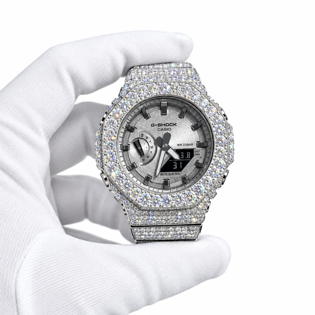 G-Shock Custom Hip Hop Watch – Moissanite 925 Full Silver IcedOut - Luxury GA2100 Mod