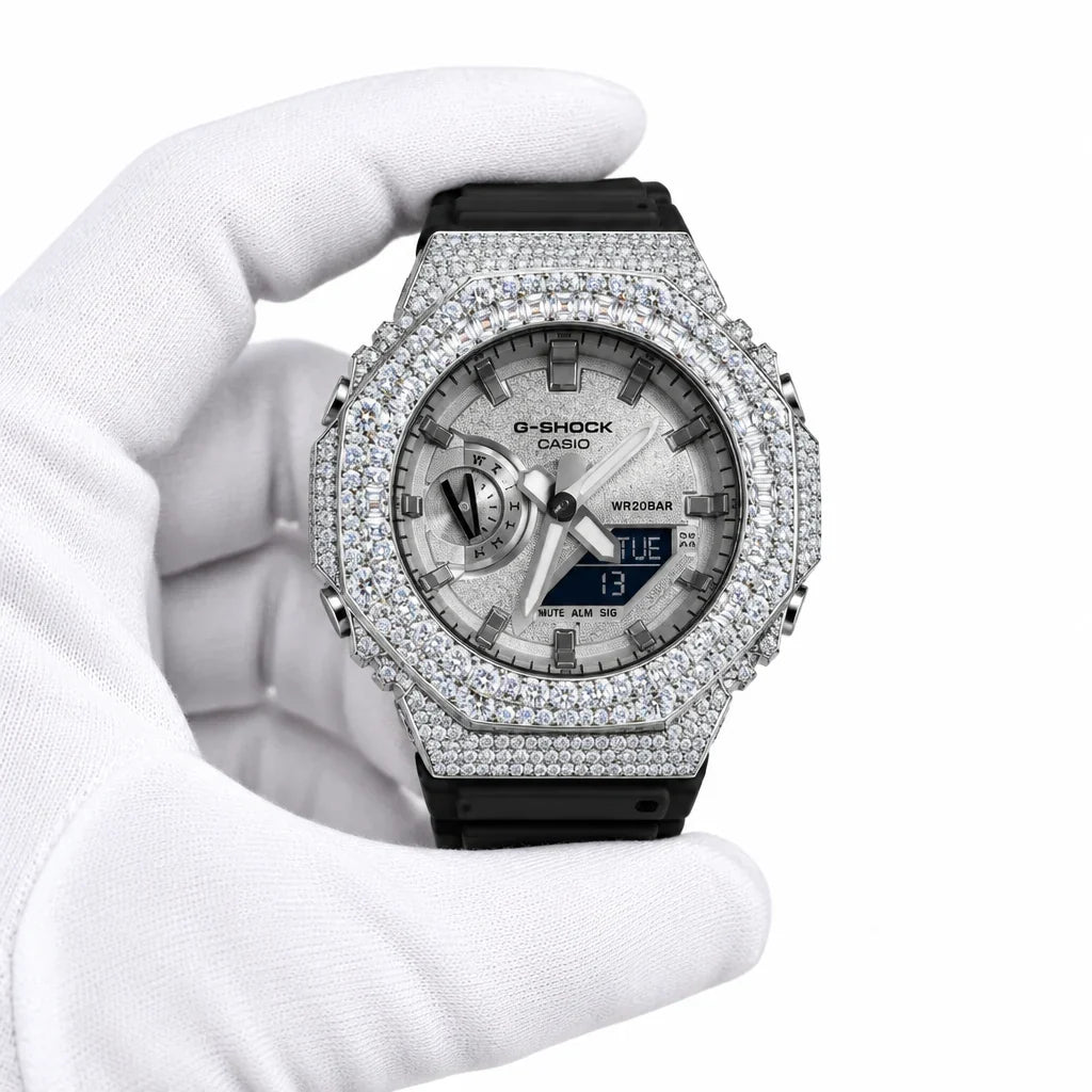 G-Shock Custom Hip Hop Watch – Moissanite 925 Full Silver IcedOut - Luxury GA2100 Mod