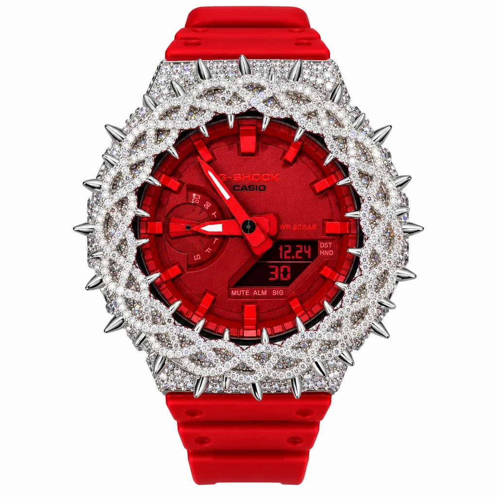G-Shock Custom Hip Hop Watch – Moissanite 925 Full Silver IcedOut Thorn Red - Luxury Mod GA2100