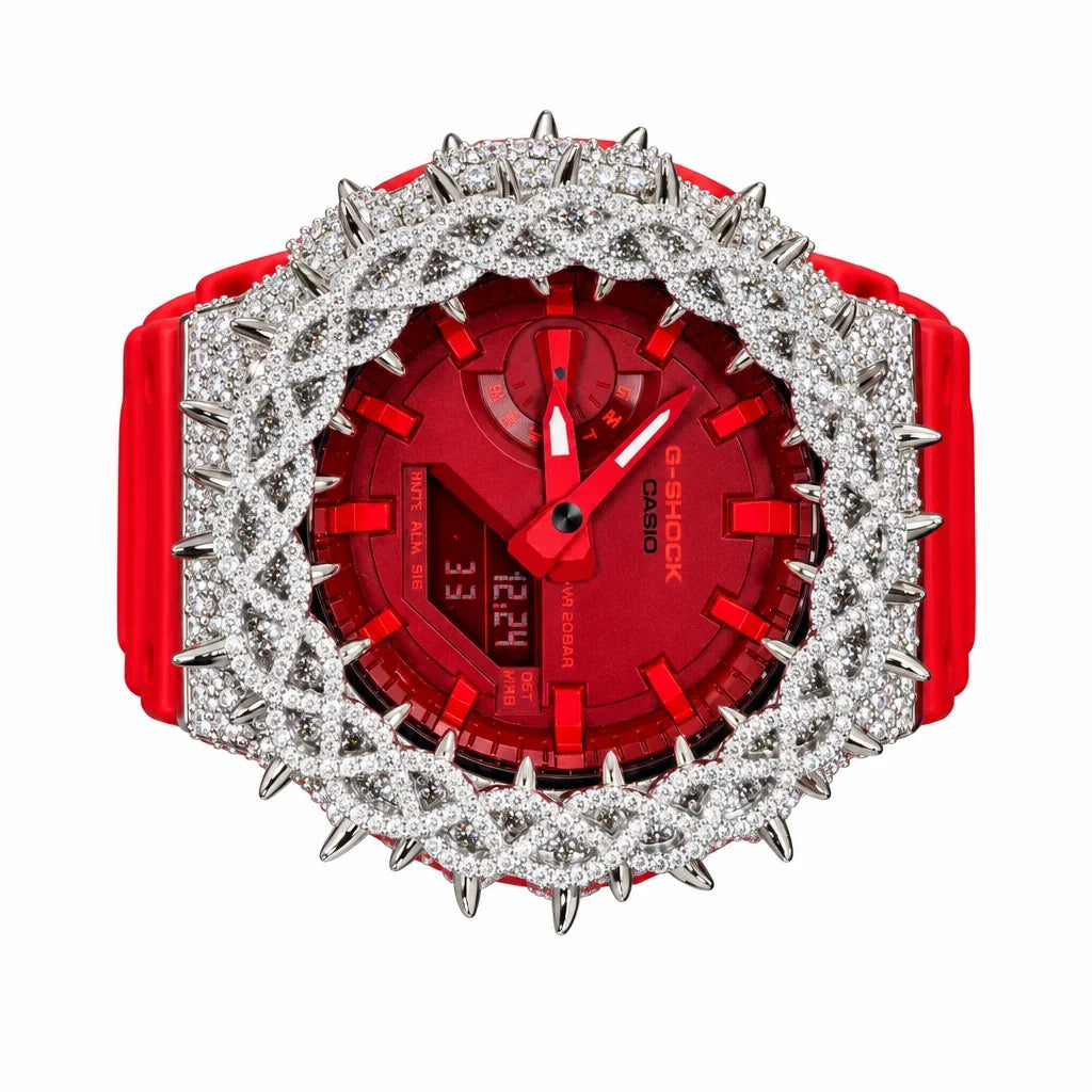 G-Shock Custom Hip Hop Watch – Moissanite 925 Full Silver IcedOut Thorn Red - Luxury Mod GA2100