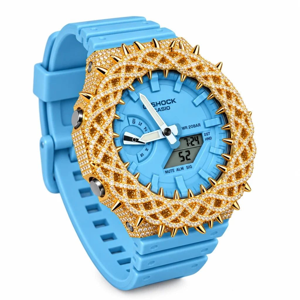 G-Shock Custom Hip Hop Watch – Moissanite 925 Gold IcedOut Thorn Blue - Luxury GA2100 Mod