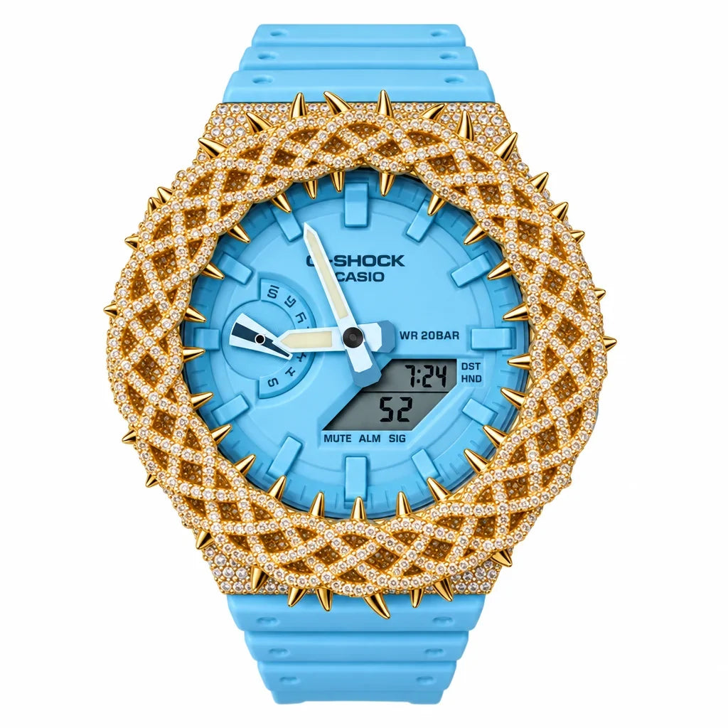 G-Shock Custom Hip Hop Watch – Moissanite 925 Gold IcedOut Thorn Blue - Luxury GA2100 Mod