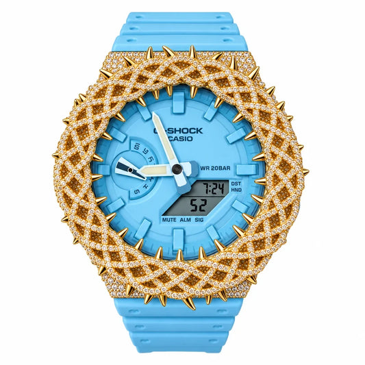 G-Shock Custom Hip Hop Watch – Moissanite 925 Gold IcedOut Thorn Blue - Luxury GA2100 Mod