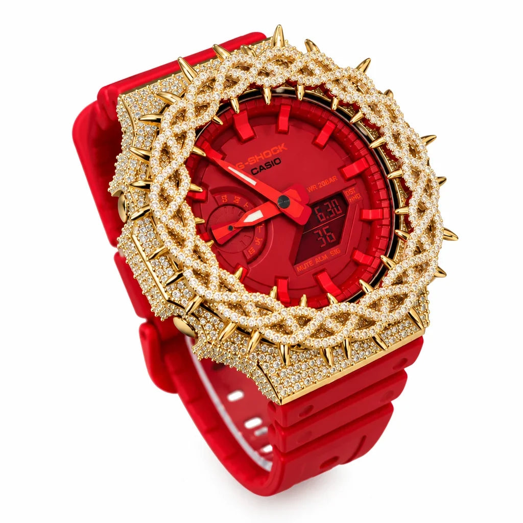 G-Shock Custom Hip Hop Watch – Moissanite 925 Gold IcedOut Thorn Red - Luxury GA2100 Mod