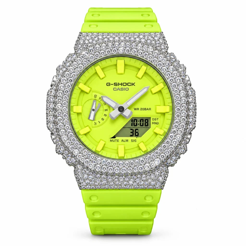 G-Shock Custom Hip Hop Watch – Moissanite 925 Silver IcedOut Fluorescent Yellow Dial - Luxury GA2100 Mod