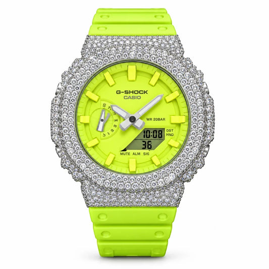 G-Shock Custom Hip Hop Watch – Moissanite 925 Silver IcedOut Fluorescent Yellow Dial - Luxury GA2100 Mod