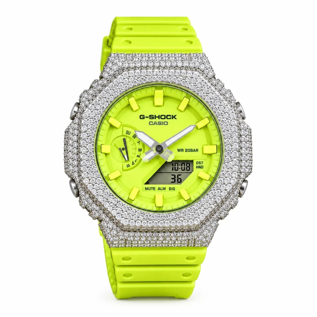 G-Shock Custom Hip Hop Watch – Moissanite 925 Silver IcedOut Fluorescent Yellow Dial - Luxury GA2100 Mod