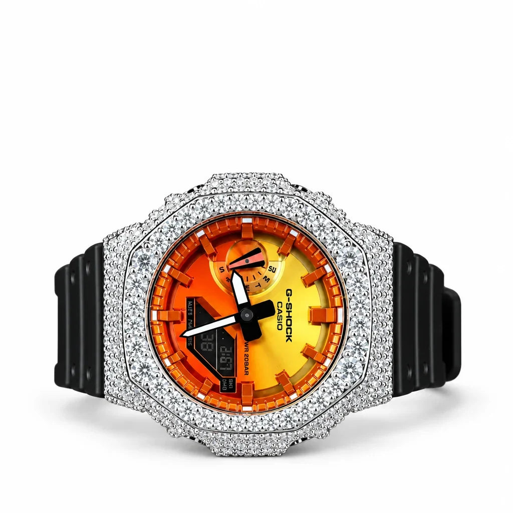 G-Shock Custom Hip Hop Watch – Moissanite 925 Silver IcedOut Orange Dial - Luxury GA2100 Mod