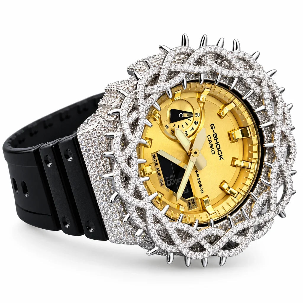 G-Shock Custom Hip Hop Watch – Moissanite 925 Silver IcedOut Thorn Black Gold - Luxury GA2100 Mod