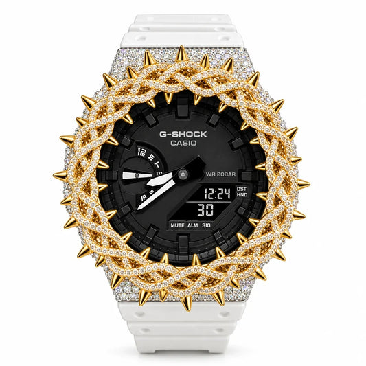 G-Shock Custom Hip Hop Watch – Moissanite 925 Silver IcedOut Thorn Black Silver/Gold - Luxury GA2100 Mod