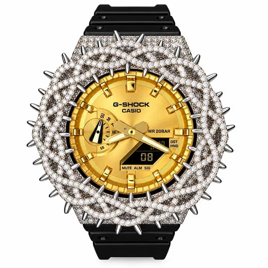 G-Shock Custom Hip Hop Watch – Moissanite 925 Silver IcedOut Thorn Black Gold - Luxury GA2100 Mod