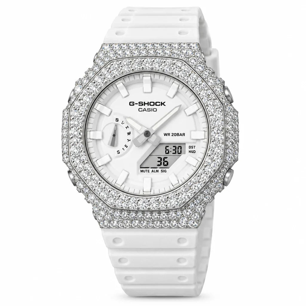 G-Shock Custom Hip Hop Watch – Moissanite 925 Silver IcedOut White Dial - Luxury GA2100 Mod