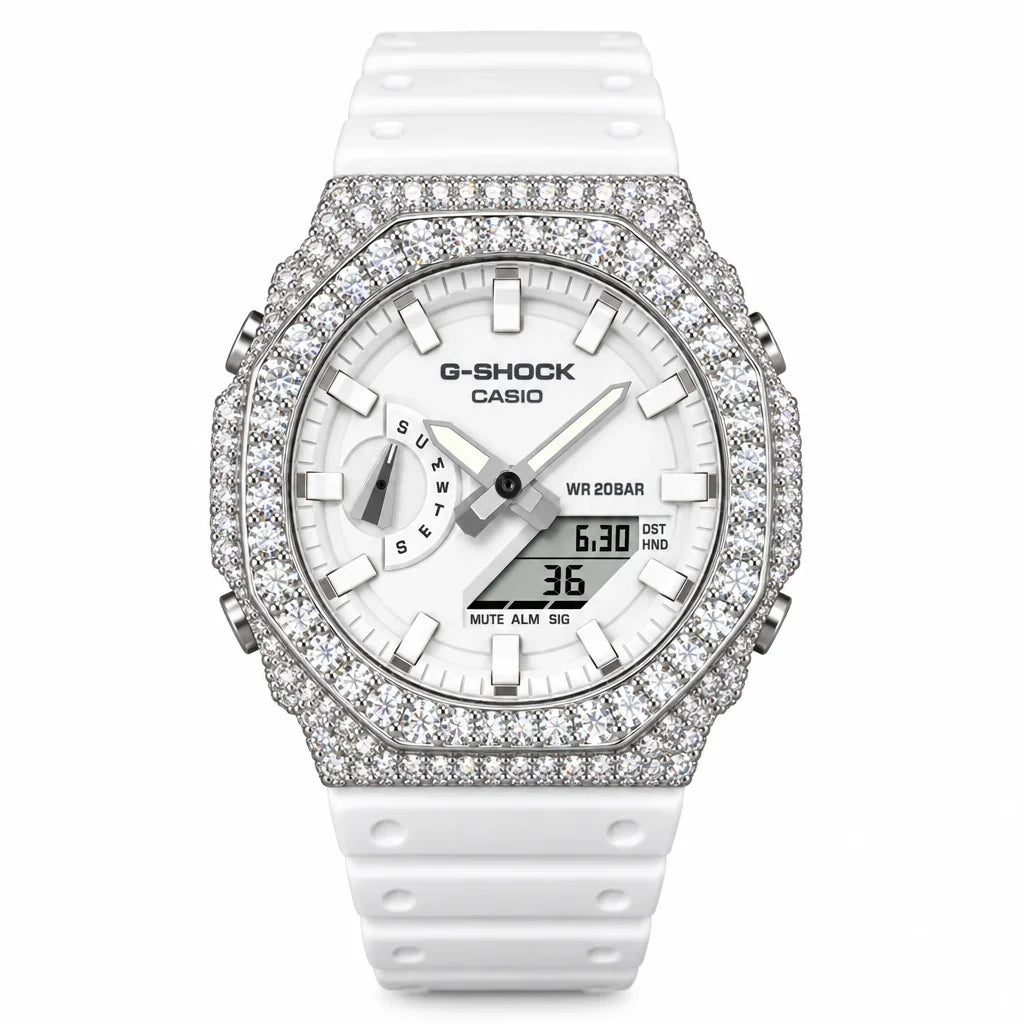 G-Shock Custom Hip Hop Watch – Moissanite 925 Silver IcedOut White Dial - Luxury GA2100 Mod