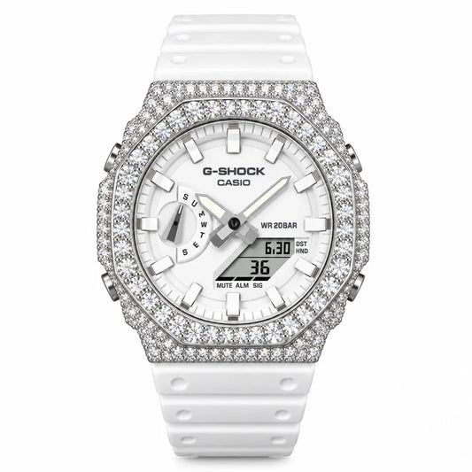 G-Shock Custom Hip Hop Watch – Moissanite 925 Silver IcedOut White Dial - Luxury GA2100 Mod