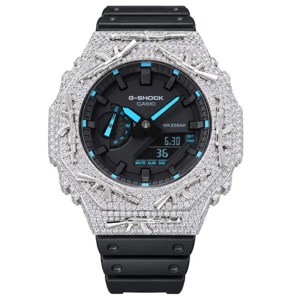 G-Shock Custom Hip Hop Watch – Moissanite AK Gun Blue Silver Iced Out - Luxury Mod GA2100