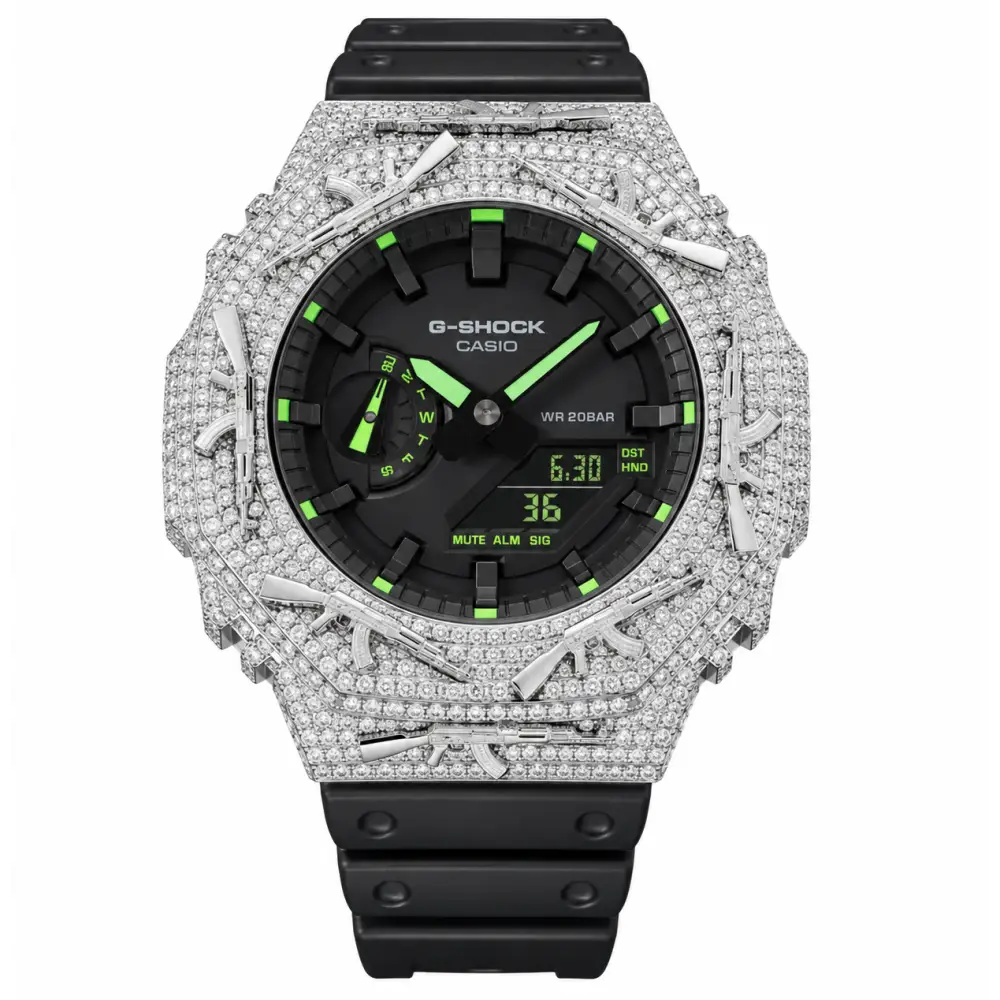 G-Shock Custom Hip Hop Watch – Moissanite AK Gun Blue Silver Iced Out - Luxury Mod GA2100
