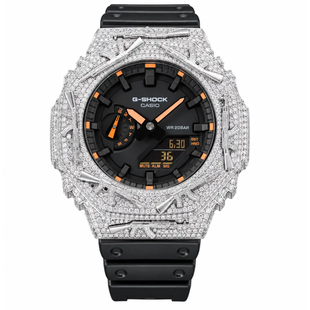 G-Shock Custom Hip Hop Watch – Moissanite AK Gun Blue Silver Iced Out - Luxury Mod GA2100