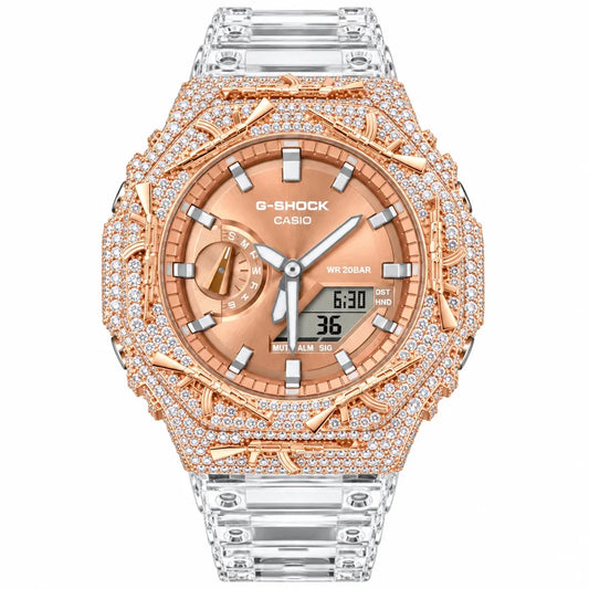 G-Shock Custom Hip Hop Watch – Moissanite AK Gun Rose Gold Iced Out - Luxury Mod GA2100