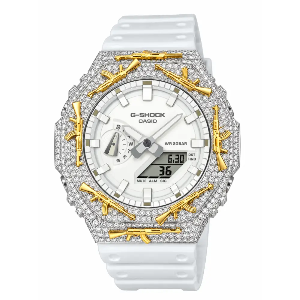 G-Shock Custom Hip Hop Watch – Moissanite AK Gun Silver Gold Iced Out - Luxury Mod GA2100