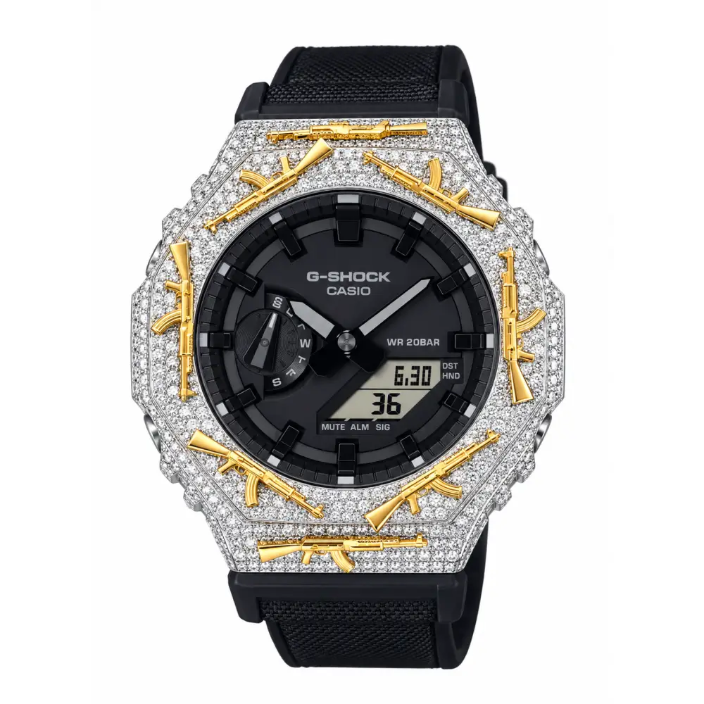 G-Shock Custom Hip Hop Watch – Moissanite AK Gun Silver Gold Iced Out - Luxury Mod GA2100