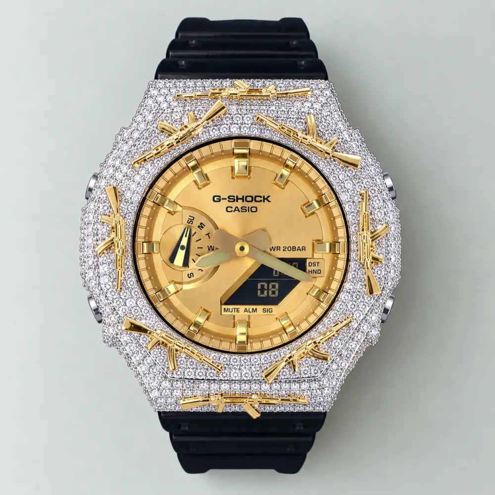 G-Shock Custom Hip Hop Watch – Moissanite AK Gun Silver Gold Iced Out - Luxury Mod GA2100