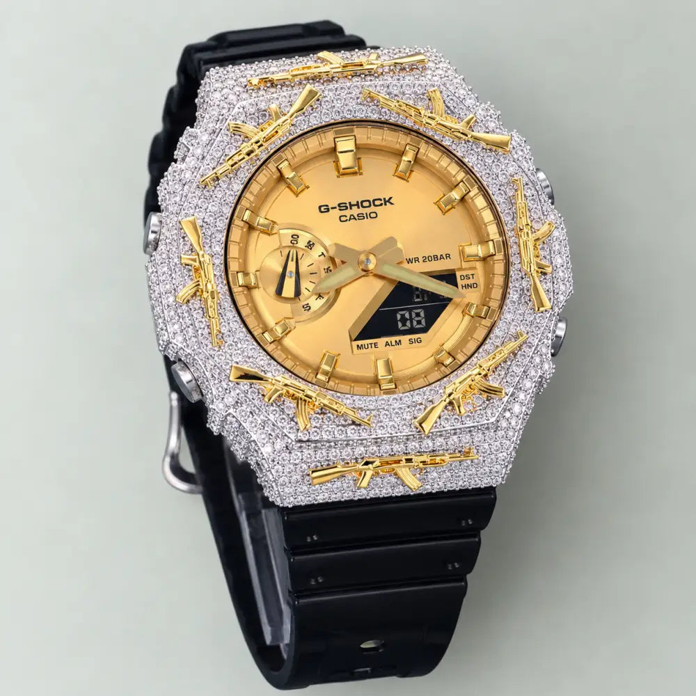 G-Shock Custom Hip Hop Watch – Moissanite AK Gun Silver Gold Iced Out - Luxury Mod GA2100