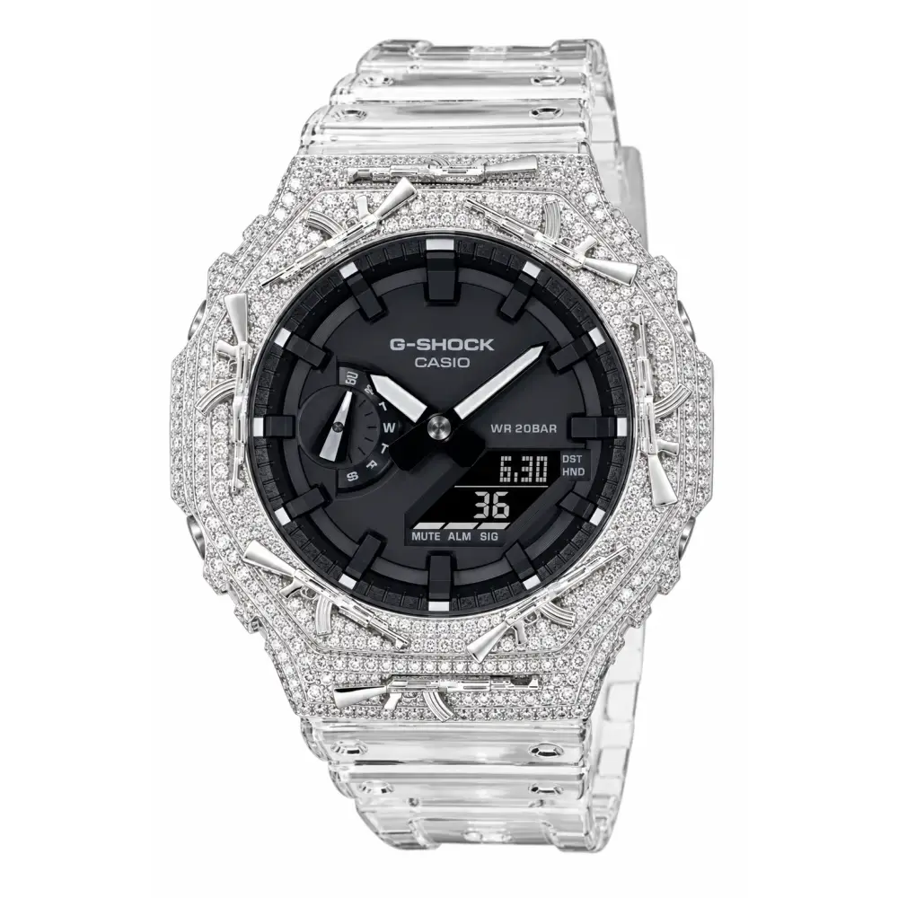 G-Shock Custom Hip Hop Watch – Moissanite AK Gun Silver White Iced Out - Luxury Mod GA2100